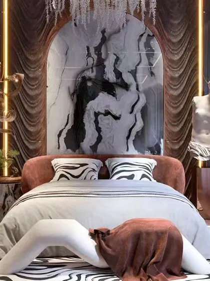 A duplicate of image 72, this bedroom dares to be different with its dramatic flair, bold patterns, and unique art piece behind the bed, creating an avant-garde and artistic retreat.