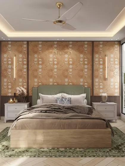 Greenery and neutral tones meet fun wallpaper in this stunning bedroom. The design creates a fresh and inviting atmosphere, with a patterned headboard wall adding a touch of playful elegance.