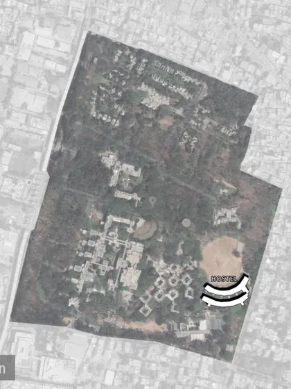 The location of the curved hostel block on the IIM-B campus masterplan.