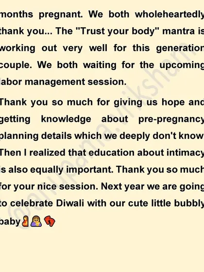 This is the end of a beautiful testimonial from a student with PCOD who is now pregnant. She realized education about intimacy is also important.