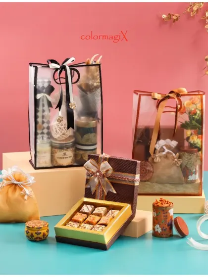 Another style of our transparent hamper bags, featuring different handle designs and ribbon colors. These are highly customizable and perfect for a modern aesthetic.