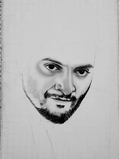 The 90-hour process of creating the Guddu Pandit portrait. These images show the careful layering of charcoal and graphite to achieve the intense, gritty look.