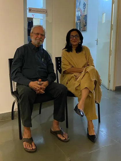 A portrait of the artist, Gulammohammed Sheikh, and the curator, Pushpamala N.