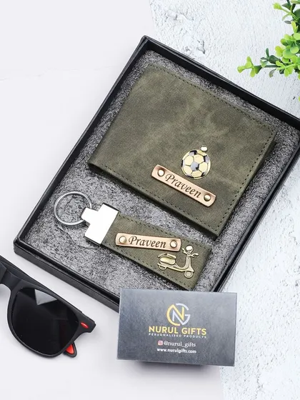 This olive green denim set includes a personalized wallet with a football charm and a keychain with a scooter charm.