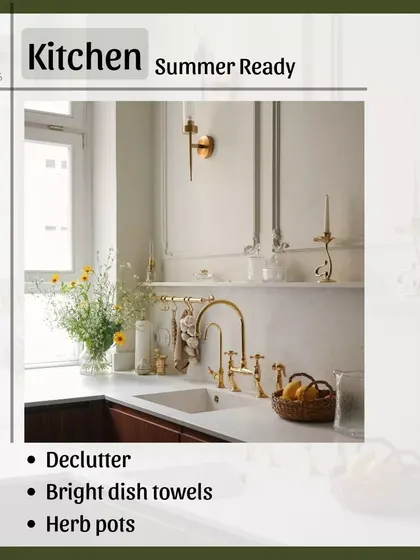 To get your kitchen summer-ready, declutter your countertops for a clean look. Swap in bright dish towels and place a few herb pots on the windowsill for fresh ingredients and a touch of green.