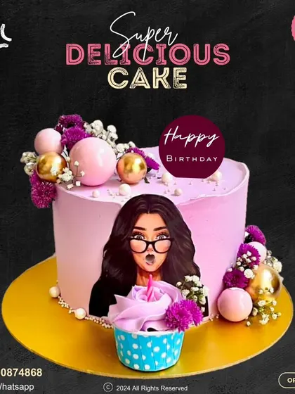 A fun and fabulous birthday cake for a modern woman. This pink cake features a cool graphic, a cupcake with a candle, and is adorned with flowers and shimmering spheres.