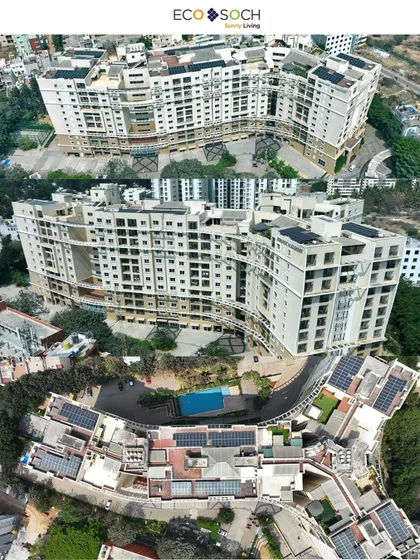 Another view of the same curved building, providing different angles to fully document the solar project for EcoSoch Solar.
