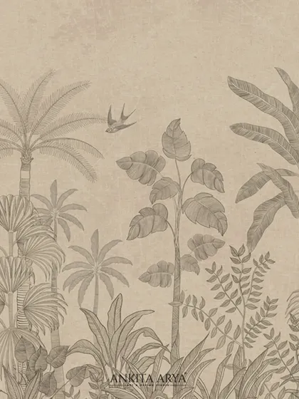 A detailed swatch of a bespoke tropical wallpaper, highlighting the fine line work of the palm trees, foliage, and a soaring bird.