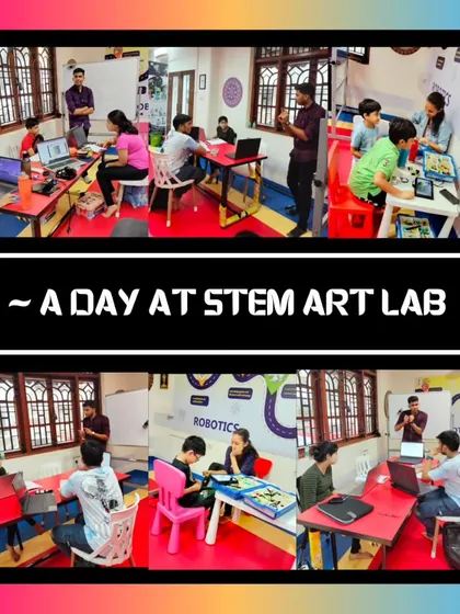 This collage captures the vibrant and focused atmosphere of a typical day at our lab. From coding on laptops to assembling LEGO robots, every corner is filled with students actively engaged in learning and innovation.