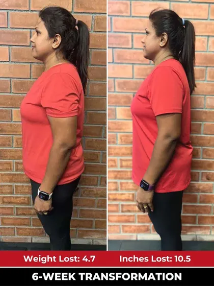 The side profile of Pavithra's transformation highlights her progress after finding a gym she genuinely enjoys.
