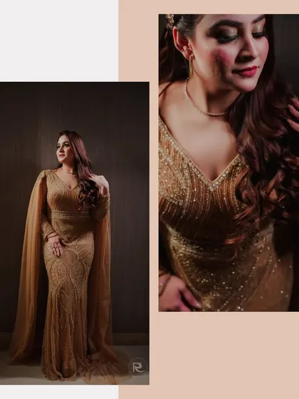 A diptych of the bride-to-be in her stunning golden engagement gown. The photos capture both a full-length view and a detailed close-up, highlighting her elegance.