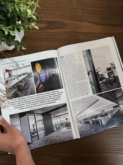 Another look at our spread in Trends Magazine. This page highlights the curated collection of artworks that serve as focal points and conversation starters within the office space.