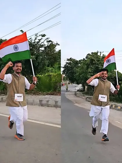A collage showing a runner in traditional wear, joyfully running with the Indian flag during the event.
