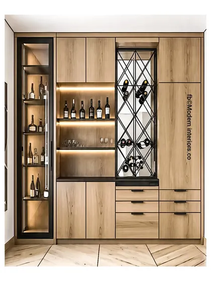 A modern bar and crockery unit with a mix of open and closed storage. It features a glass display cabinet, a built-in wine rack, and plenty of drawers, all in a stylish light wood finish.
