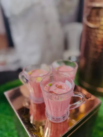 A close-up of the creamy and delicate Kashmiri Pink Tea.