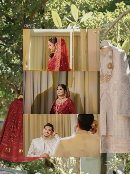 A collage showing the bride and groom getting ready, along with detail shots of their wedding attire.