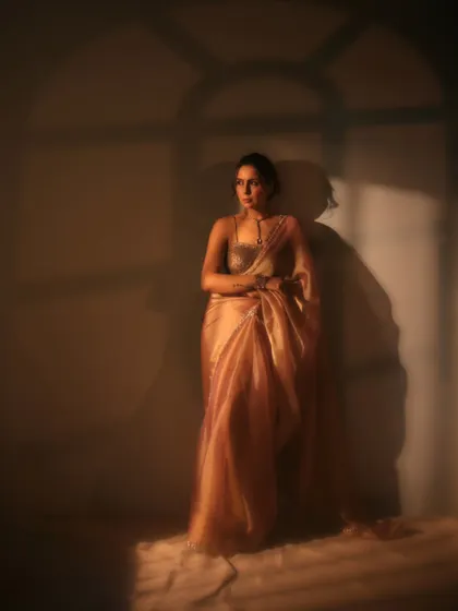 Here, we played with shadows to add depth and mystery. The gobo light effect mimics window light, casting an interesting pattern that makes this cinematic portrait more dynamic and intriguing.