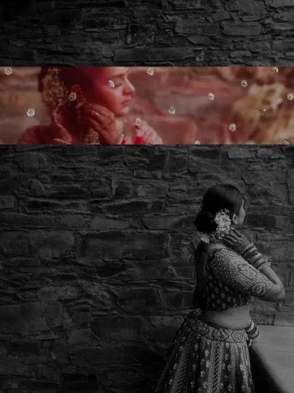 A creative collage combining a close-up of the bride's expressive face with a full-length black and white shot. This artistic approach tells a story of emotion and elegance in a single frame.