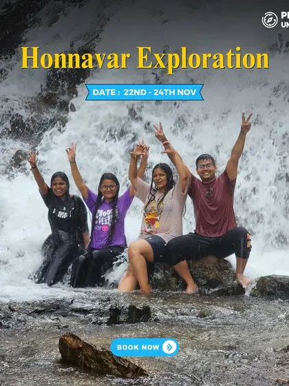 A group of friends having fun in a waterfall during our Honnavar exploration trip. It's a perfect mix of beach and nature.