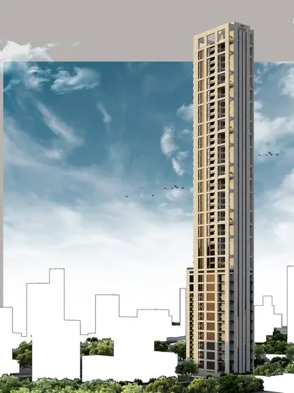 A creative composition of the Worli tower, emphasizing its slender form and modern elegance. The design ensures cross-ventilation in every apartment, embracing panoramic views of the sea and cityscape.