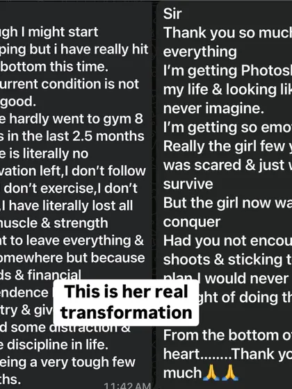 On the left, a message from Zenia at her lowest point. On the right, a message of triumph after her photoshoot. This is her real transformation, from wanting to survive to wanting to conquer.