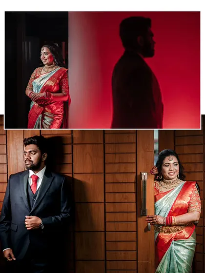 A collage of a couple's reception portraits, using dramatic red lighting and modern wooden backgrounds for a stylish look.