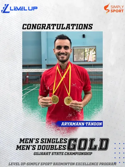 Double gold for our player Aryamann Tandon. We congratulate him on his dominant performance, winning both the Men's Singles and Men's Doubles titles at the Gujarat State Championship. This is the result of relentless practice and expert guidance.