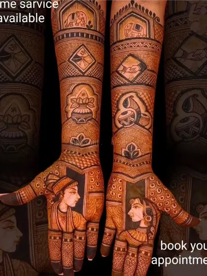 A showcase of my portrait work, featuring bride and groom faces on the palms, along with symbols like the kalash and Om.