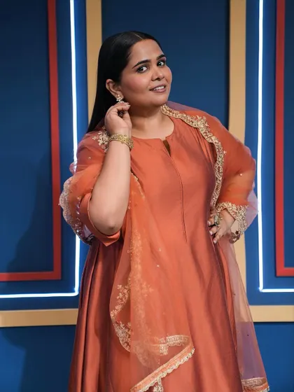 A closer look at the prime-time glam I created for Sumukhi Suresh. The makeup was designed to be flawless and radiant under the bright studio lights.