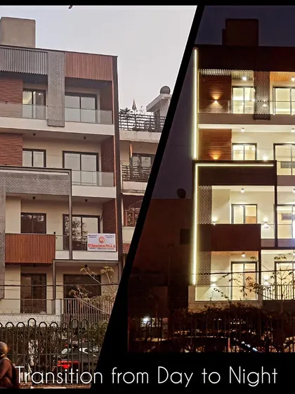 This split-screen view demonstrates the dramatic transformation of a residential facade from day to night. We use strategic architectural lighting to accentuate the clean lines, wooden charcoal panels, and MS screens, ensuring the building's aesthetic is powerful around the clock.
