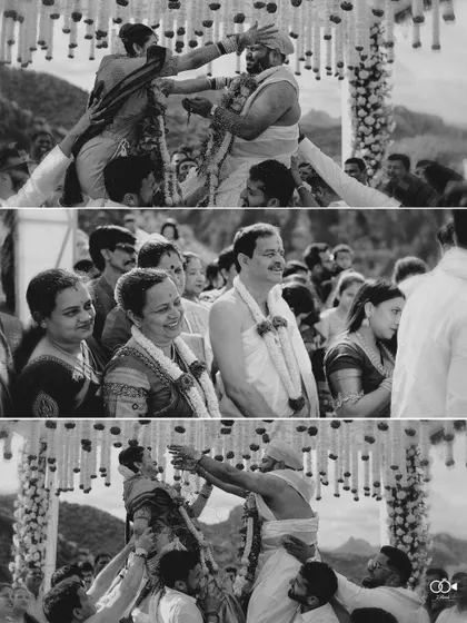A black and white triptych capturing the dynamic moments of the 'talambralu' ritual.