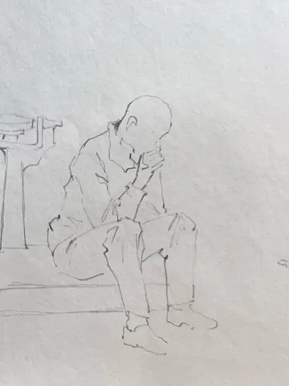 The line sketch I created at Goda Ghat, capturing the essence of the scene with minimal strokes.