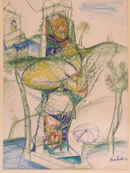 A paperwork by Manu Parekh, showcasing his ability to reflect the cultural diversity of India through a unique style and bold use of color.