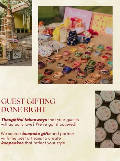 Thoughtful takeaways that your guests will actually love. We source bespoke gifts and partner with the best artisans to create keepsakes that reflect your style and serve as a beautiful reminder of your celebration.