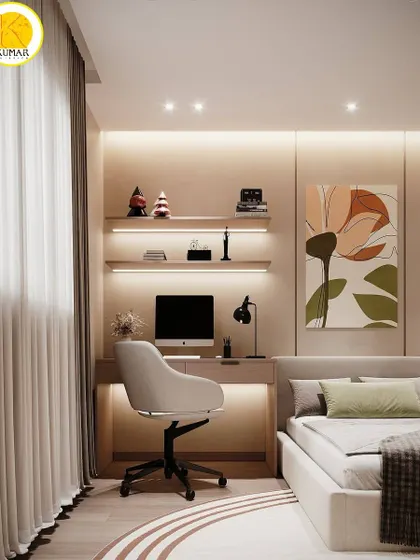 A compact bedroom with a single bed and an integrated study desk with backlit shelves. This is a great solution for a teen's room or a small guest room.