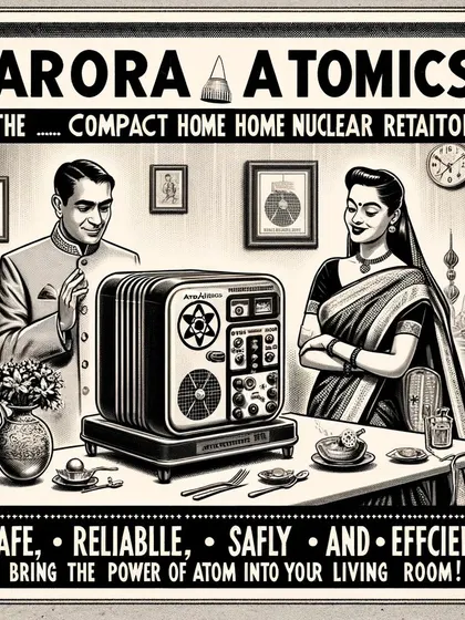 An ad showing a happy couple with their 'Compact Home Nuclear Retaitor'. The 'Parmanupunk' series plays on the utopian promises of mid-century advertising.