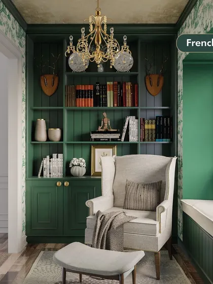 We love creating cozy reading nooks, and this French-style corner is a perfect example. A deep green built-in bookshelf, a comfortable wingback chair, and a window seat create an elegant and inviting retreat.