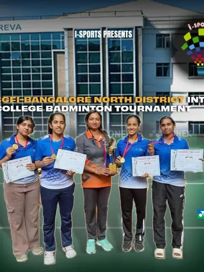 The victorious team from Reva University, including our players Mounitha and Ananya, after securing Gold at the Inter-College Badminton Tournament.