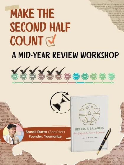 Poster for 'Make the Second Half Count', a mid-year review and journaling workshop.