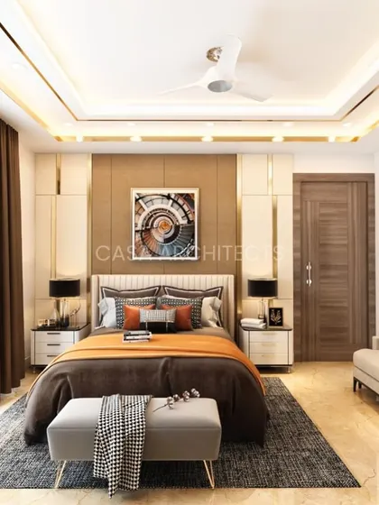 A 3D render of a luxurious bedroom with a warm color palette, gold accents in the ceiling, and a comfortable seating area, designed for ultimate relaxation.