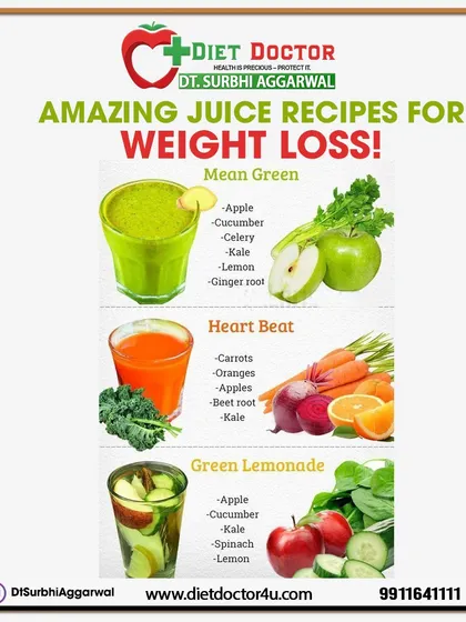 Looking for healthy juice recipes for weight loss? This infographic provides three amazing options like a "Mean Green" or "Heart Beat" juice that are packed with vitamins and minerals to support your goals.