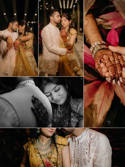 A collage of romantic and intimate moments from an engagement shoot, blending color and black and white to highlight different emotions.