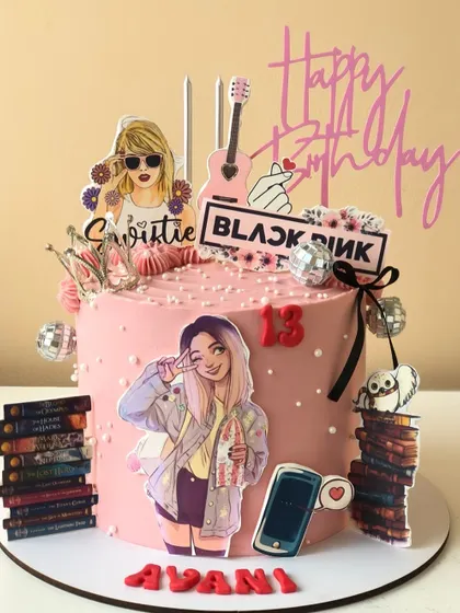 An "Official Teenager" cake for a Swiftie and K-Pop fan, decorated with all her favorite things.