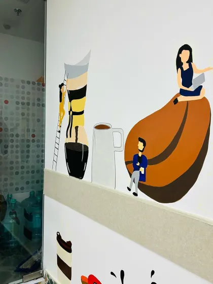 A sneak peek of the caffeinated and colorful wall art I worked on for Dhruva Advisors, bringing break-time vibes to life.