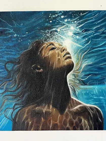 A crisp, clear shot of the finished underwater oil painting. This 8x8 inch canvas is now for sale and I'm excited for it to find a new home.