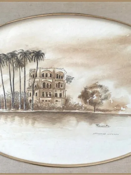 Another view of the 'Sathkanda' watercolour, focusing on the architectural details and the surrounding landscape. I help clients find such pieces that connect with their personal history or interests.