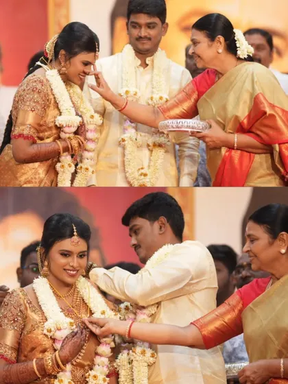 A special moment for this bride, blessed by family. Her gold tissue silk saree is draped to look elegant and feel comfortable during these important wedding rituals.