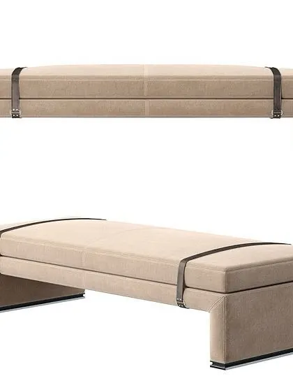 A statement of refined elegance. Our handcrafted upholstered bench, adorned with tailored leather strap accents, embodies the art of minimal luxury and offers timeless sophistication.