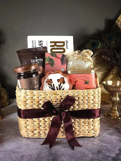Another view of our Diwali Luxe basket, highlighting the rich assortment of premium products tied with an elegant ribbon.