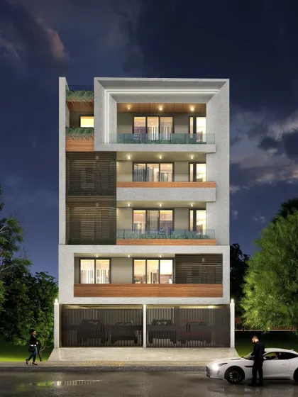 This is another perspective of a modern residential building we designed, highlighting our end-to-end solutions. We handle everything from budgeting and supervision to the final construction of luxury homes and apartments.